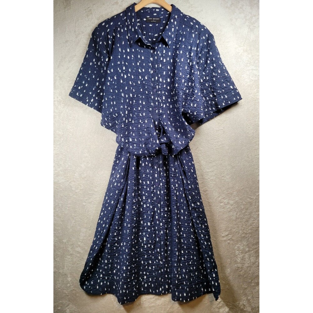 J Jill Maxi Dress Sz 24 Collared Button Front Short Sleeve Tie Waist Blue Lined